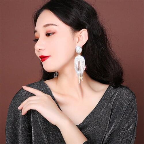 Newest Long Tassel Crystal Drop Earrings for Women Bijoux Geometric Full Rhinestone Earrings Statement Jewelry Gifts