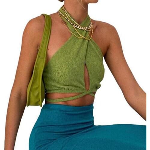 Sexy Women Summer Vest Solid Color Backless Cross Neck Hollow Out Cropped Vests Tee for Party Femme
