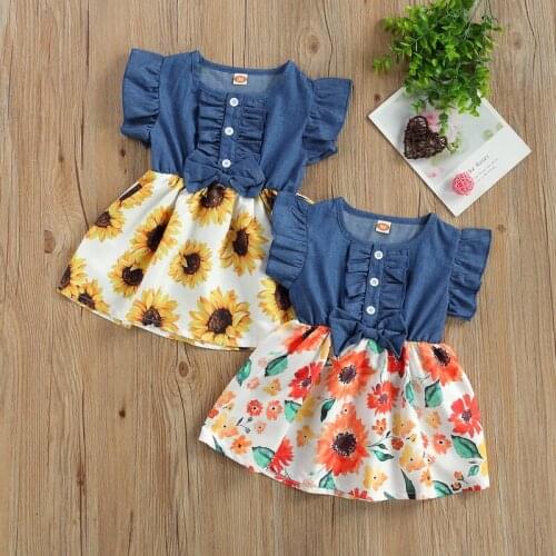 Pudcoco 3-18M Dress A-Line Bow Ruffles Flowers Print Summer Butterfly Short Sleeve O-Neck A-Line Sundress Outfit Clothes