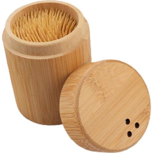 Toothpick Storage Box Portable Dustproof Bamboo Large Capacity Round Tooth Pick Holder Dispenser for Hotel