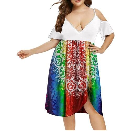 Plus Size Dresses For Women 2021 Women High Waist Belly Concealing V-neck Strapless Printed Beach Dress Vestidos De Mujer Casual