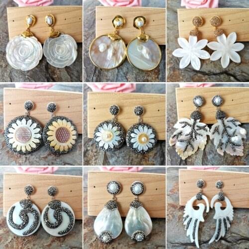 1 Pair Gorgeous Shell carved flower charms dangle earrings,Pave pearl Crystal Earrings For fashion female women jewelry ER1067