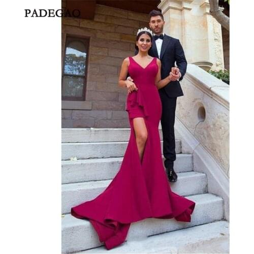Sexy Evening Dresses Mermaid V-Neck Sleeveless Sweep Train Ruffles Side Split Evening Dress Plus Size Custom Made