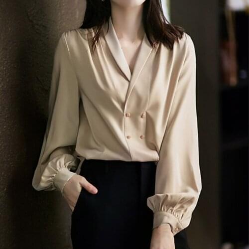 Chic Designer Women Blouse Solid Color Turn Down Collar Double breasted Loose Shirt for Office Lady