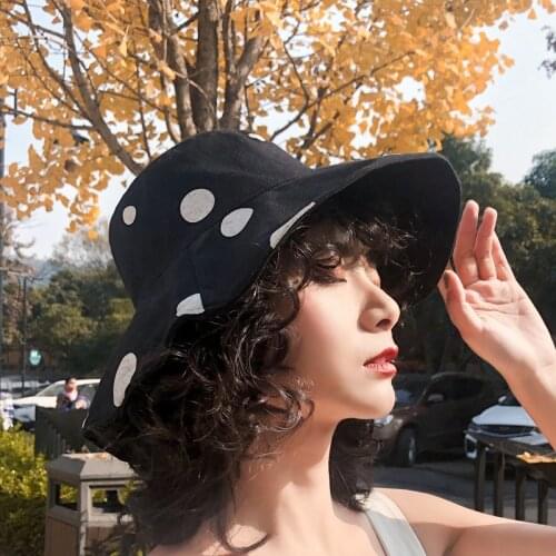 Women Summer Wide Brim Floppy Bucket Hat Vintage Irregular Polka Dot Print Sunscreen Foldable Cotton Fisherman Cap Gorros