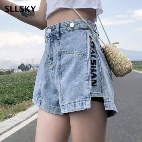 SLLSKY Fashion Letter Embroidery Denim Women Shorts High Waist Side Zipper Female Jean Shorts Summer Loose Plus Size Shorts