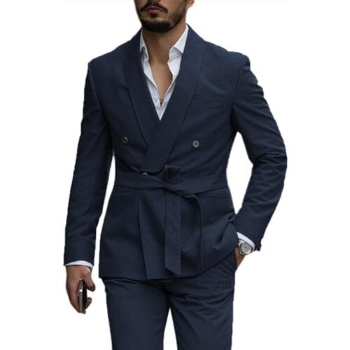 Navy Blue Double Breasted Jacket With Pants Wedding Tuxedos 2 Pieces Slim Fit Formal Prom Party Business Blazers Custom Made