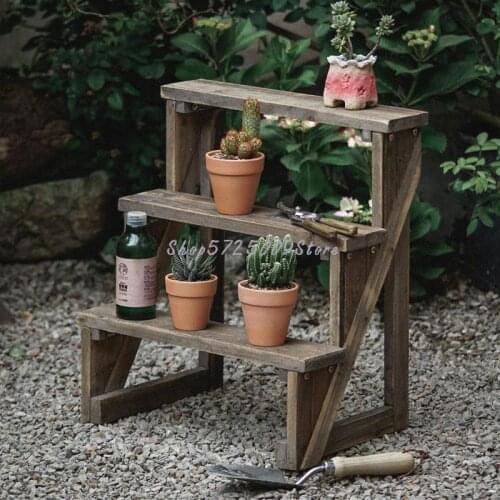 Three-layer cascade small flower stand solid wood retro old balcony courtyard garden potted plant rack against the wall