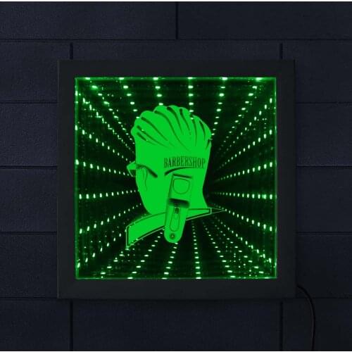 Barber Shop LED Infinity Mirror Hairdresser Night Light Hair Cutting Hairstylist Decor Wall Optical Illusion Lamp Wood Frame