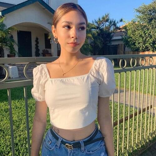 Women’s Sexy Solid Color Crop Tops Square Neck Puff Sleeve Wrap Bustier Open Back Blouses Camis Top Women Y2k Womens T-shirt