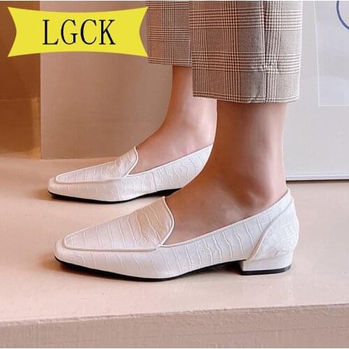 Plus Size 34-39 Women Party Prom Square Heeled Pumps Spring Summer Basic Concise Pumps Cow Leather Brand Square Toe Shoes Woman