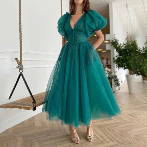 Teal Green V-Neck Dotted Tulle Buttoned Top Tea-Length Prom Dresses Puff Sleeves Ruched A-Line Party Dresses 2021robes de soirée