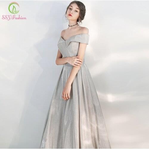 SSYFashion New Simple Silver Gray Evening Dress Sequins Shining Boat Neck Floor-length Long Party Formal Gown Vestidos De Noche
