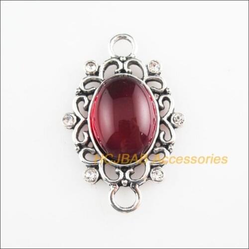 5 New Flower Charms Red Glaze Oval Connectors Tibetan Silver Tone 25x38mm