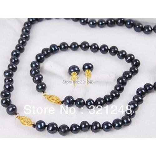 Free Shipping 8-9mm Natural Black Akoya Cultured Pearl Necklace Bracelet Earrings Set GE5013