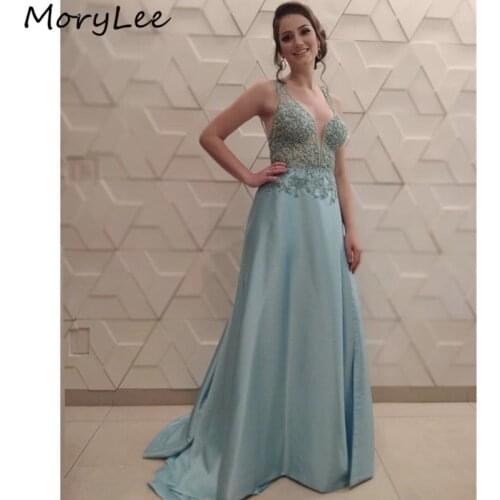 Shining Evening Dresses Sleeveless Floor Length Backless Lace Applique Crystal Evening Dresses vestidos de fiesta de noche