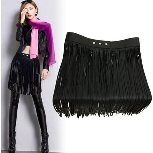 Black Fringe Tassel Faux Leather Women Belts brand design High Waist Trendy Women Long Belts dress accessories