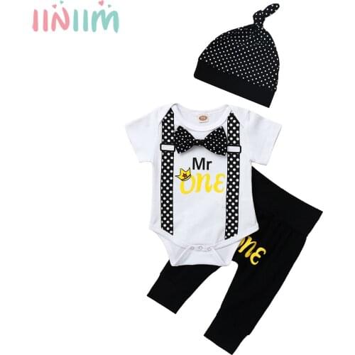 Baby Boy Clothes One Year Birthday Outfits Baby Boys 1st First Birthday Gentleman Tie Romper Pants Polka Dots Hat 3Pcs Sets