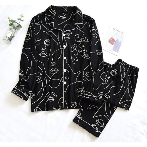 Cotton Pajamas Set Spring and Autumn Couples Sleepwear Casual Long-sleeved Trousers Two-piece Woman Abstract Painting Homewear