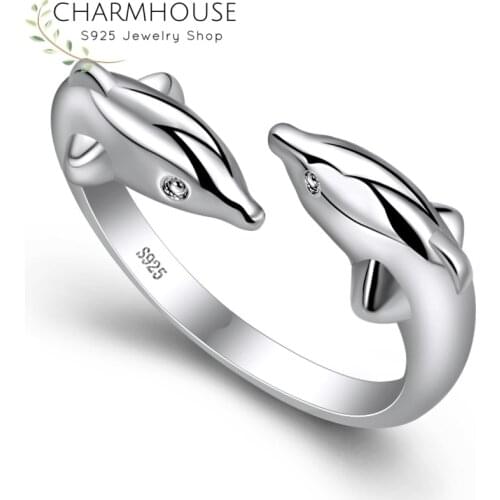 Engagement Rings For Women 925 Sterling Silver Double Dolphin Finger Ring Bague Femme Anillo Mujer Wedding Bridal Jewelry Gifts