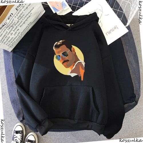 Freddie Mercury Fashion Hoodies Warm Women Graphic Queen 90s Sweatshirt Rock Funny Cartoon Black Hoody Female