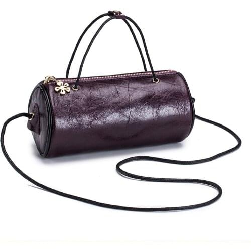 Fashion Cylindrical Genuine Leather Ladies Multifunctional Messenger Bag Large Capacity Mobile Phone Cosmetic Storage Bag