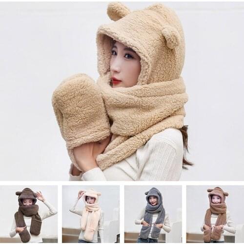 Fashion Women Novelty Winter Warm Cute Bear Ears Hat Windproof Neck Scarf and Gloves Set Solid Fleece Woman Caps