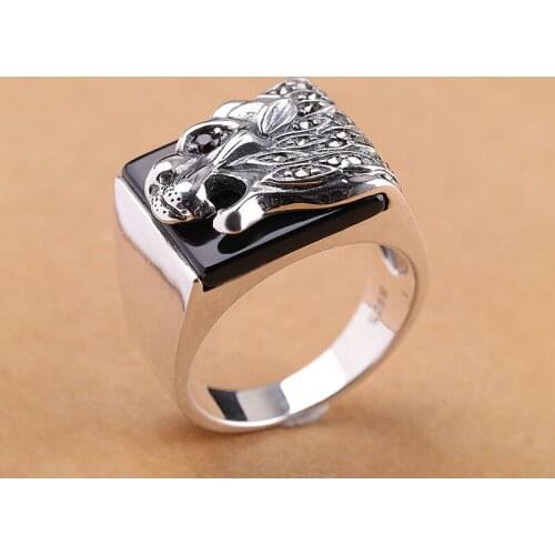 Sterling Vintage Mens Rings Natural Black Tiger Shape Pattern Design Male With Stones Turkey Jewelry Gift