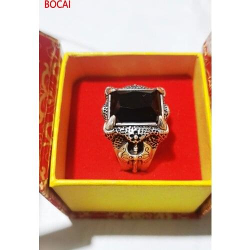 Real 925 sterling silver jewelry axe dragon claw set garnet black agate domineering mens ring