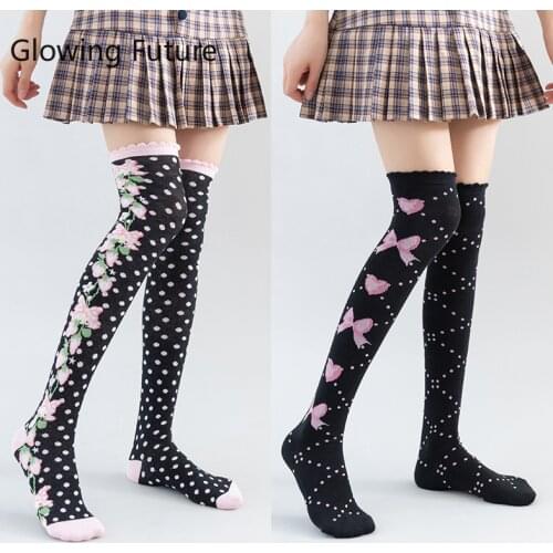Lolita Cute Lace Flower Thigh High Socks Japanese Cartoon Girl Comfortable Knee High Socks Cotton Fall Winter Long Socks Women
