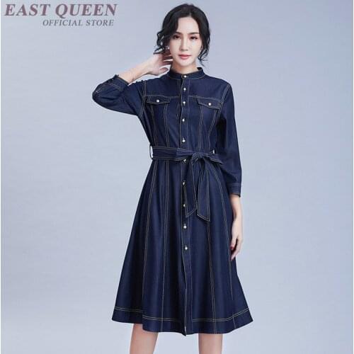 Jean Dresses Women 2019 Autumn New Chic Female Denim Dress Midi Elegant Button Belt Casual Dresses For Women 2019 DD2232