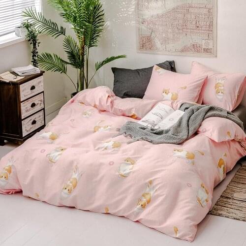 Peach Pink with Cat Printed 100% Cotton Bedlinen Women Comforter Cover Duvet Cover Pillowcases Twin Queen King for Adults