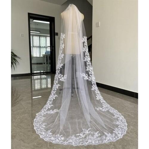 Real Photos Wedding Veil Lace Edge Cathedral Long Ivory White Tulle Appliqued Bridal Veils Aceessories for Brides New 3 Metres