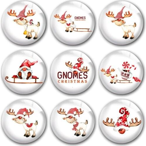 Handmade X-Mas Christmas Deer Gnomes Cartoon Round Photo Glass Cabochons Demo Flat Back DIY Jewelry Making Findings Accessory