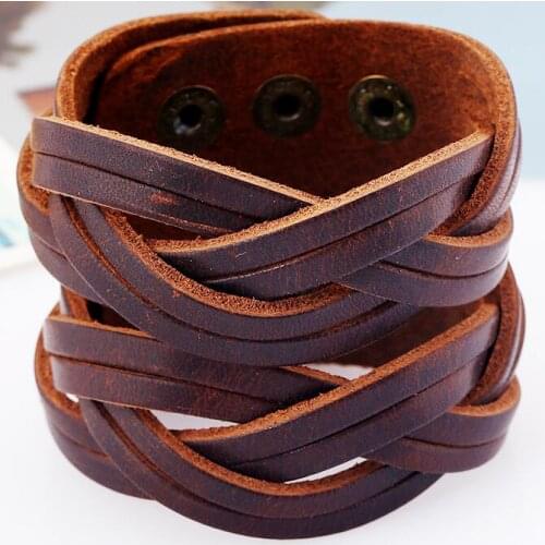 Vintage Retro Casual Wide Leather Bracelet Cuff Handmade Braided Woven Charm Bangle Buckle Big Wristbands Biker Fashion Jewelry