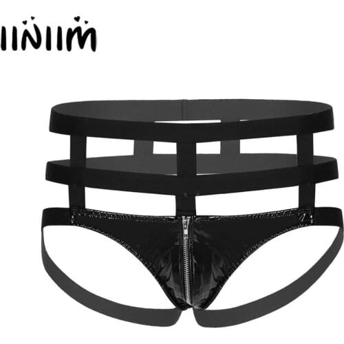 Mens Sexy Gay Panties Jockstraps Pouch Sissy Underwear Faux Patent Leather Zipper Open Front Underwear G-String Thong for Man