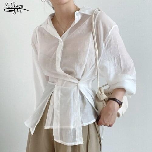 Korean Chic Irregular Sunscreen White Womens Shirts Autumn Long Sleeve Blouse Women Clothing Thin Buckle Lapel Lady Tops 15674