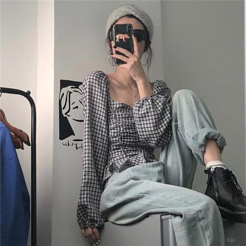 Women Blouse Spring Autumn Pleated Square Collar Short Bubble Long Sleeve Blusas Ropa De Mujer