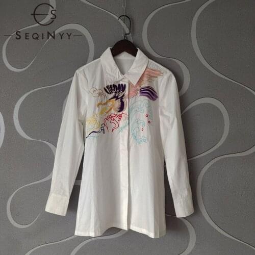 SEQINYY 100% Cotton Shirt Summer Spring New Fashion Design Women Runway Bird Embroidery High Quality White Top