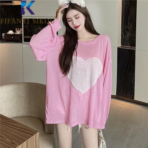 Ice Silk Knitted T-Shirt Women Summer 2021 New Fashion Beading Pink Tops O-Neck Long Sleeve T Shirt Loose Casual Tees Female