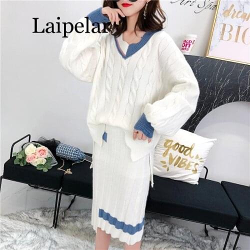 New 2 Piece Set Womens Skirts V-neck Fashion Casual Knitted Sweater Pullover And Pleated Loose Skirts Lady Elegant Suits