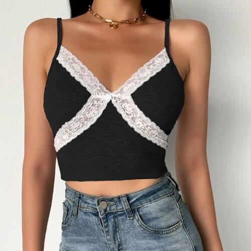 New Fashion Women Girls Lace Stitching Tight Camis Top V Neck Spaghetti Straps Rib Knit Summer Vest Crop Tank