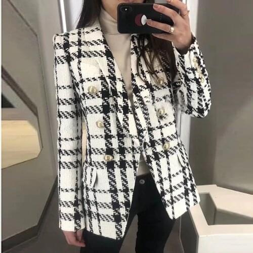 HIGH STREET Newest 2021 Designer Blazer Jacket Womens Shawl Collar Double Breasted Lion Buttons Plaid Tweed Blazer