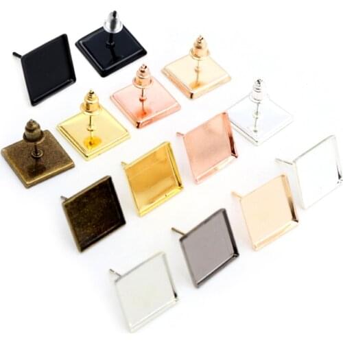 12mm 20pcs/Lot 7 Colors Plated Square Earring Studs,Earrings Blank/Base,Fit 12mm Glass Cabochons,Buttons