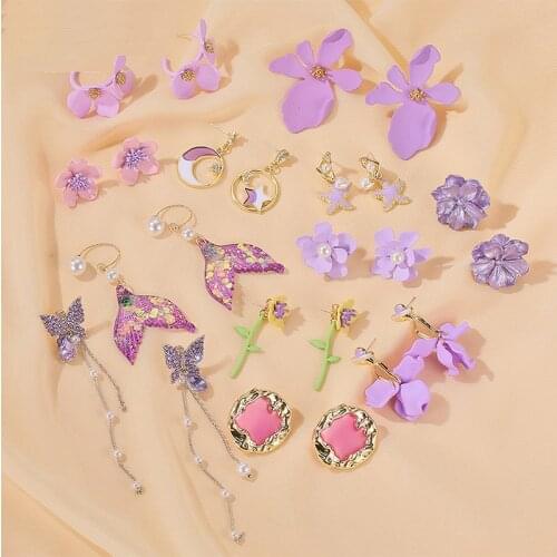 2020 Fashion Simple Purple Flower Petal Drop Earrings Trendy Fresh Earring Elegant Earrings For Women Wedding Party Jewelry