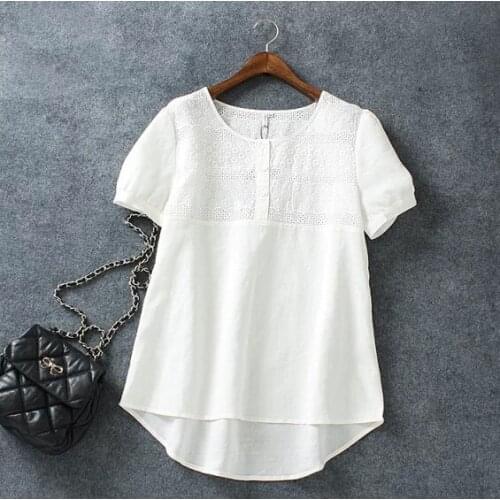 Fashion Women Cotton Linen Elegant Embroidery Hollow out Blouse O-neck Short Sleeve white shirts XL Plus Size casual tops
