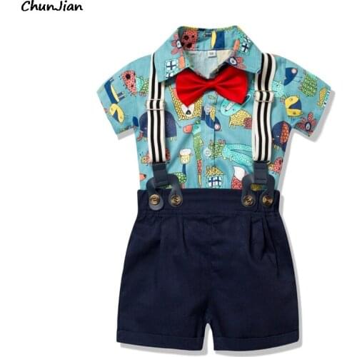 Toddler Boys Clothing Set Newborn Gentleman Suit Kids Short Sleeve Bow Tie Shirt+Suspender Shorts Casual Summer Baby Boy Clothes