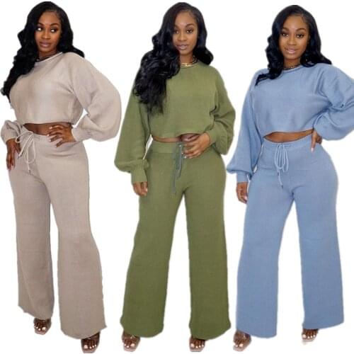 Echoine Autumn Winter Lantern Long Sleeve Crop Top Wide Leg Pants Set Knitted lounge wear Tracksuit Casual Party Club Outfits