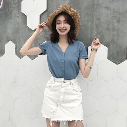 Summer Knitted Cardigan Womens Solid Color Short Sleeve V-Neck Sun Protection Top Single Breasted T-shirt