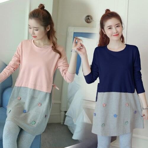 Fashion Flower Patchwork Maternity Shirts 2021 Spring Korean Loose Clothes for Pregnant Women Fall Pregnancy Tops